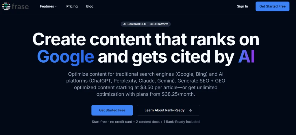 Frase AI SEO tools 2025 dashboard showing content optimization and research workflow