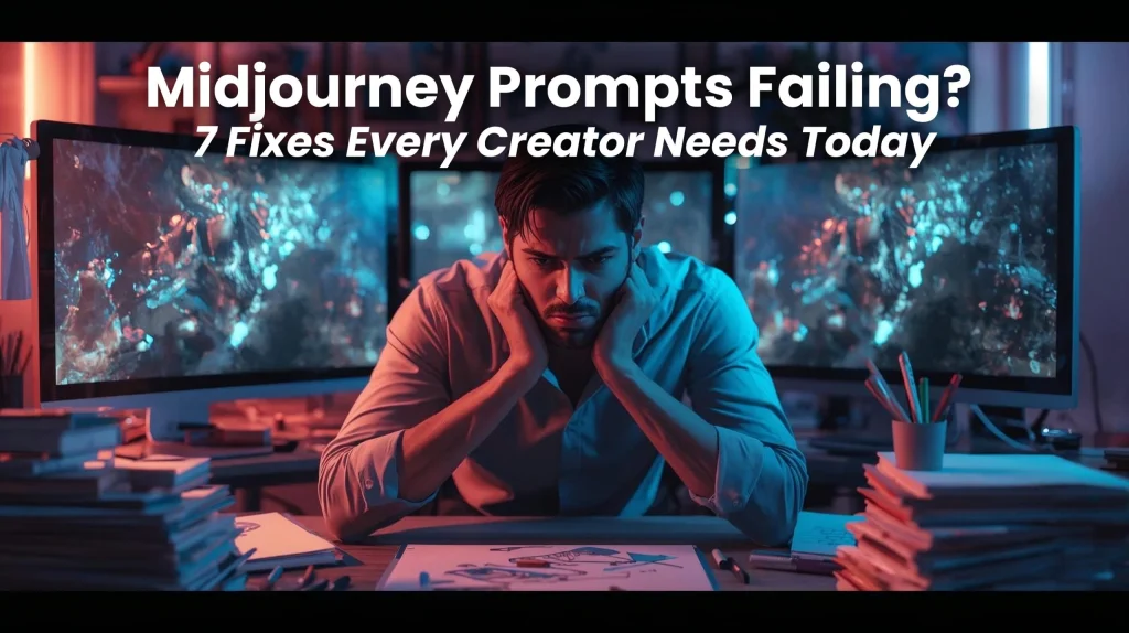 digital artist fixing Midjourney prompts failing issues in bright creative studio