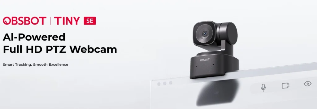 OBSBOT Tiny SE AI gear for influencers with auto-framing webcam tracking a speaker on desk setup