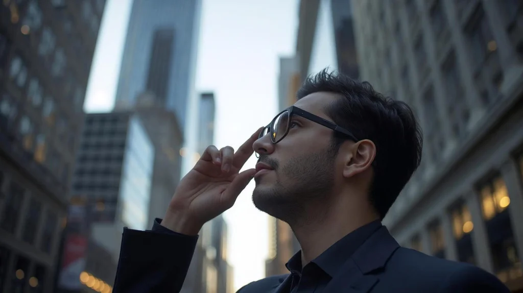 Person using smart glasses in New York City 2025 – modern wearable AI eyewear for navigation and urban connectivity