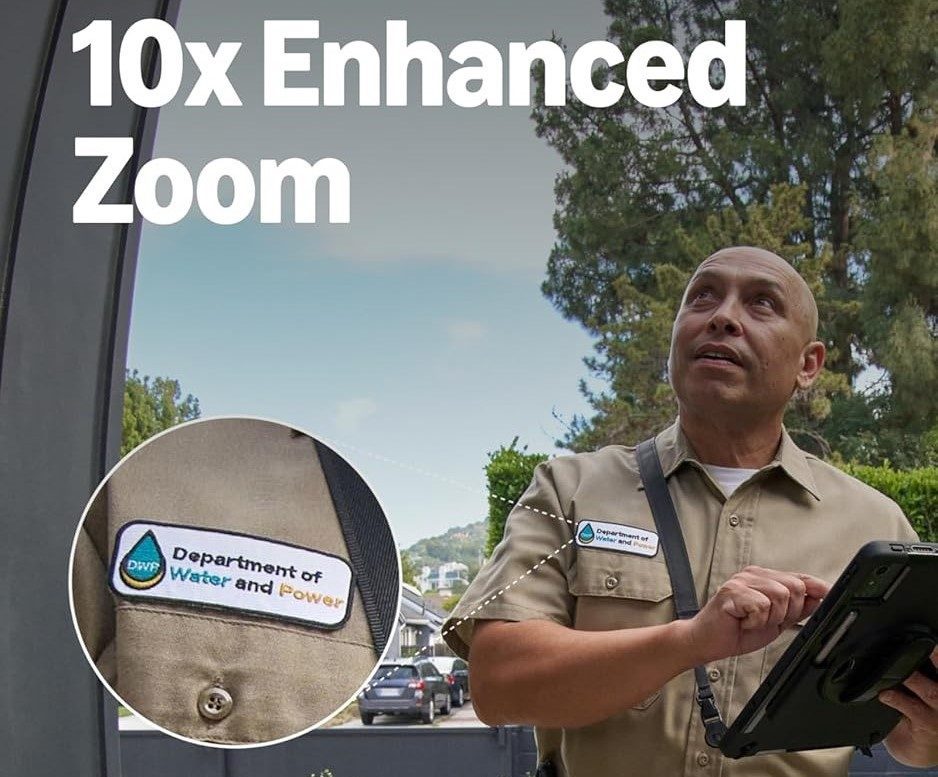 Front view of Ring 4K vs Nest Doorbell 2025 comparison showing AI smart doorbells side by side in front of a modern home