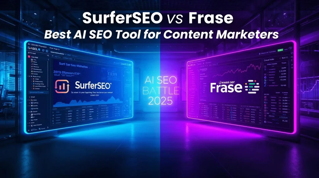 SurferSEO vs Frase AI SEO tools 2025 comparison dashboard battle visual