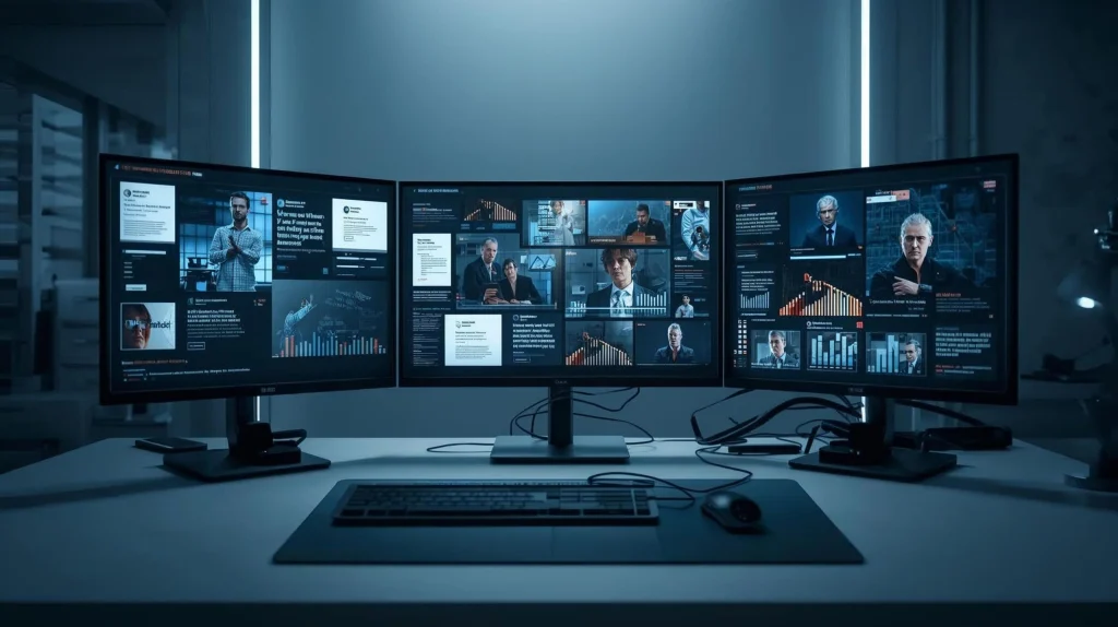 User trying to verify confusing online content using AI watermarks on multiple screens