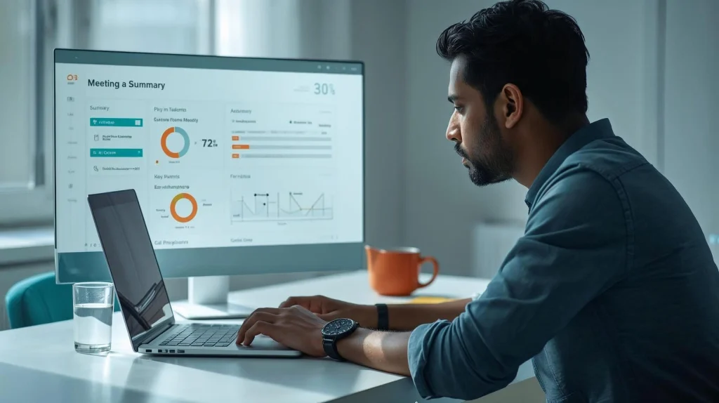 Professional reviewing an AI meeting summary dashboard showing clear action points from top AI meeting tools 2025.