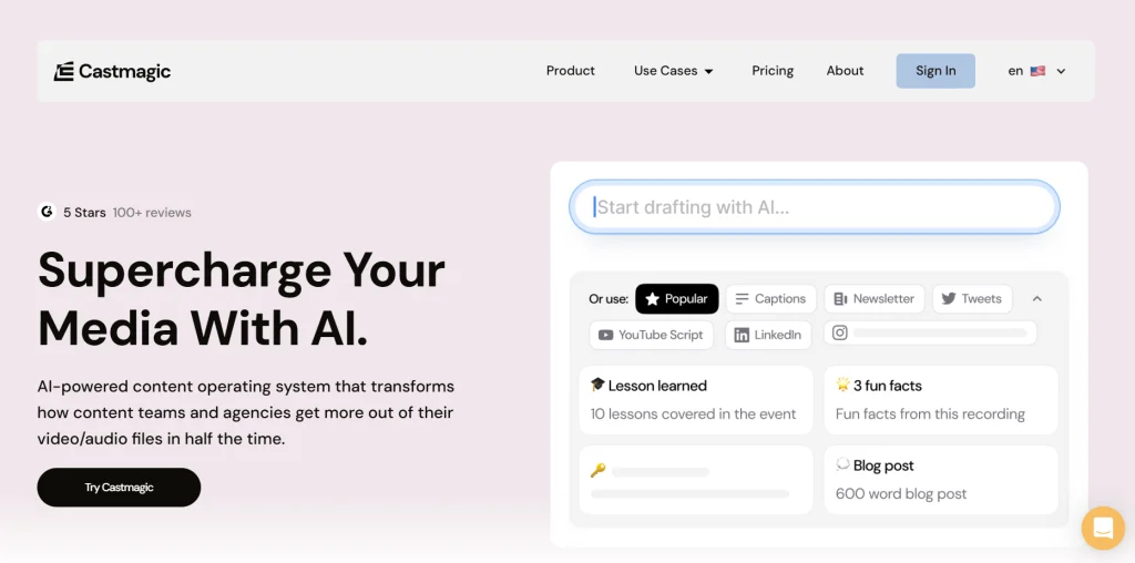 Castmagic AI home dashboard showing how the AI meeting transcription software converts recordings into summaries and action plans.