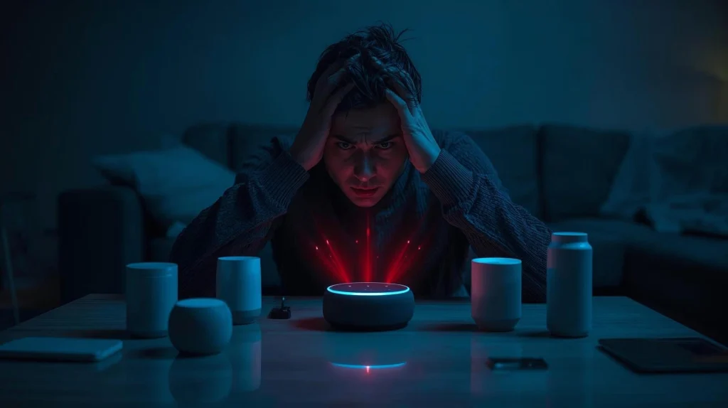 User trying to fix smart home AI hub setup with disconnected devices on a modern desk.