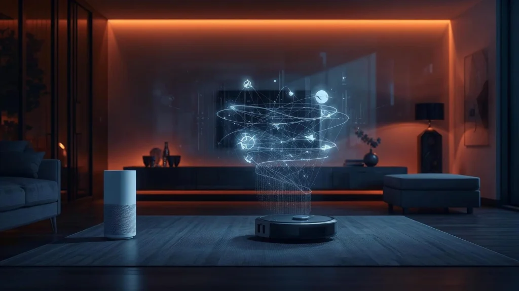 Realistic illustration showing the hidden data AI home devices collect without you noticing, with smart speakers, cameras and sensors revealing invisible tracking.