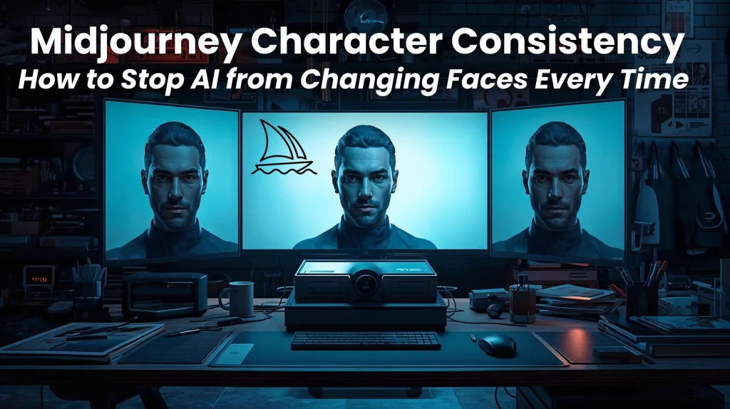 Midjourney character consistency guide showing AI-generated faces of the same character