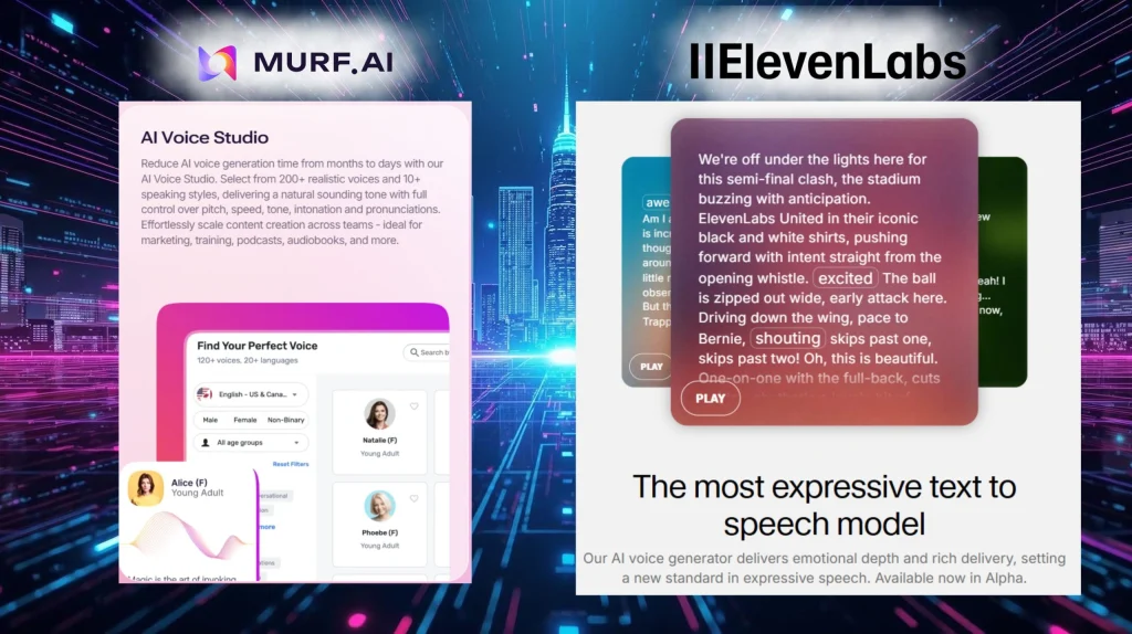 Murf AI and ElevenLabs interface comparison showing voice selection and expressive text-to-speech features