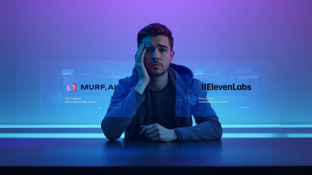 Creator comparing Murf AI vs ElevenLabs interfaces while choosing the best AI voice tool