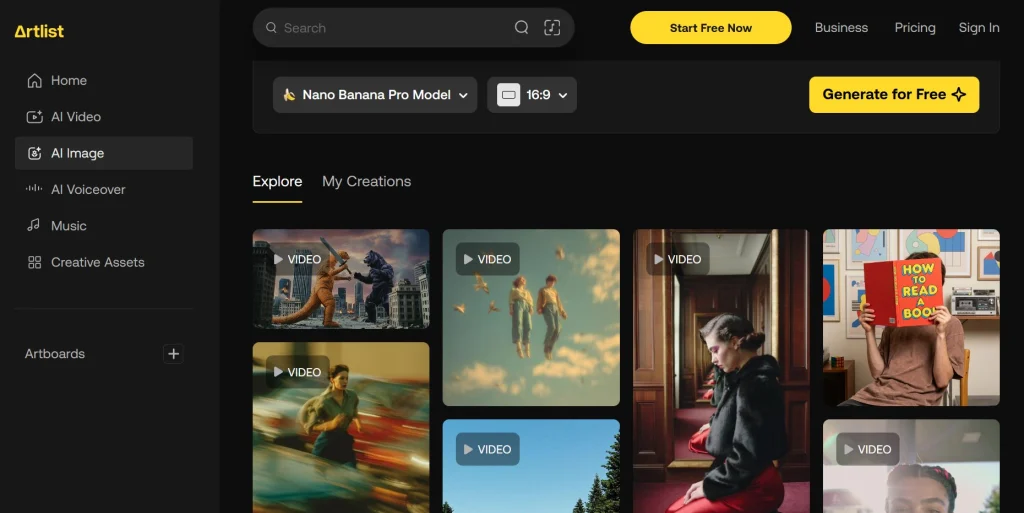 Artlist AI interface used while researching the nano banana pro review