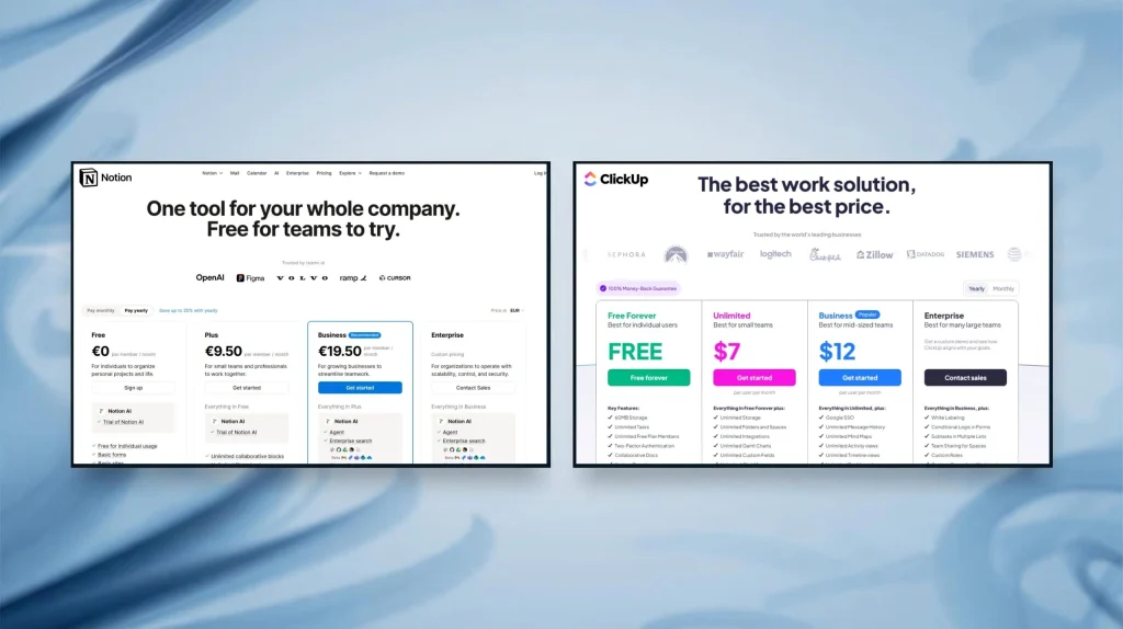 Notion Agents vs ClickUp AI pricing and integrations overview 2025