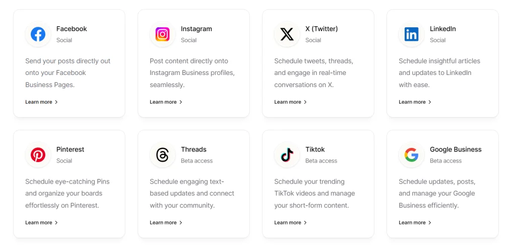 Ocoya AI social platform integrations 2025 showing Facebook, Instagram, LinkedIn, TikTok, and Google Business scheduling options