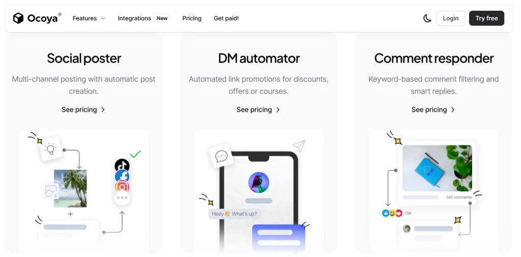 Ocoya AI features 2025 showing social poster, DM automator, and comment responder tools for automated social media management