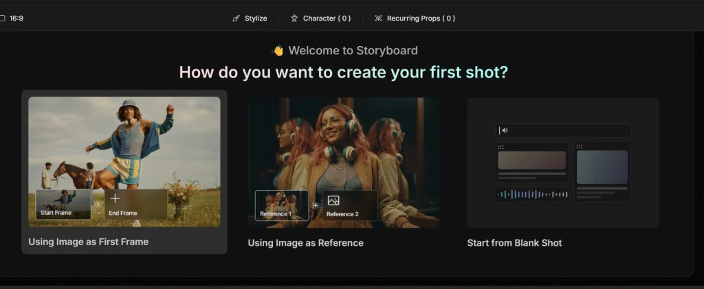 OpenArt Guide 2025 storyboard interface showing options to create the first shot