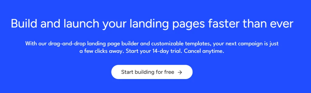 Unbounce Smart Builder free trial banner promoting fast landing page creation