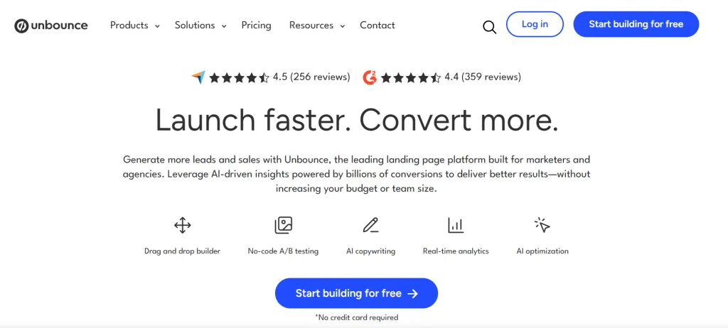 Unbounce Smart Builder homepage showcasing AI landing page tools and features