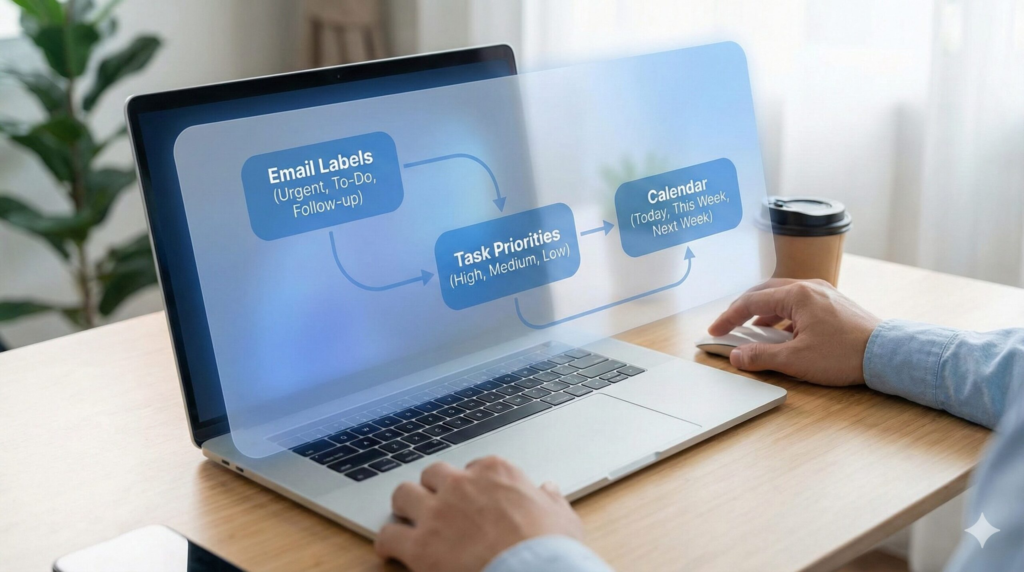 AI agent workflow showing email to tasks to calendar mapping