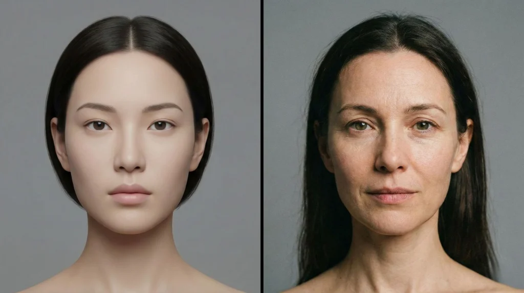 AI images look fake when over-polished compared to more realistic AI-generated portraits