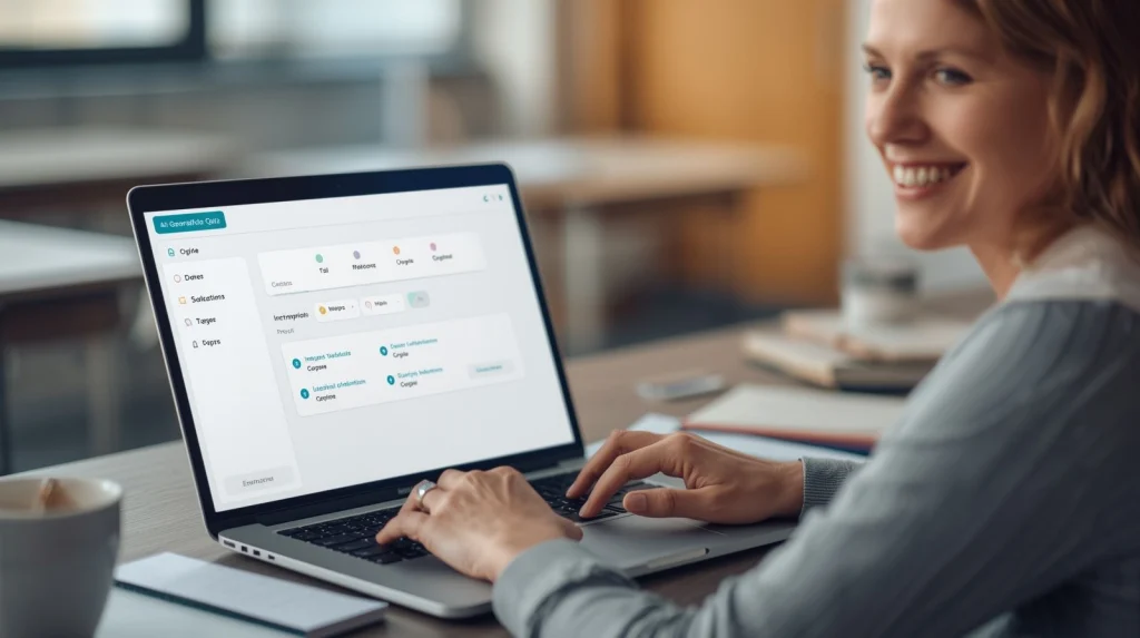 Teacher creating an interactive quiz using an ai quiz generator step-by-step on a laptop