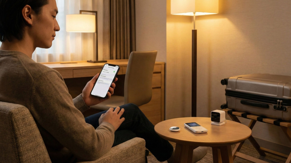 Traveler reviewing privacy settings when using AI travel gadgets in a hotel room