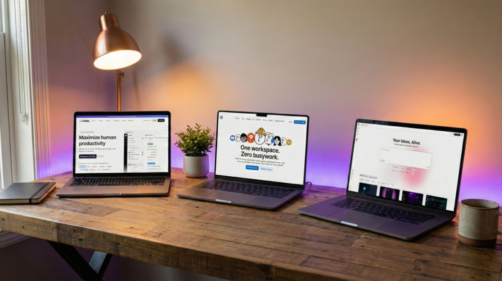 Different AI workspace styles comparing Notion AI, Taskade AI, and ClickUp AI