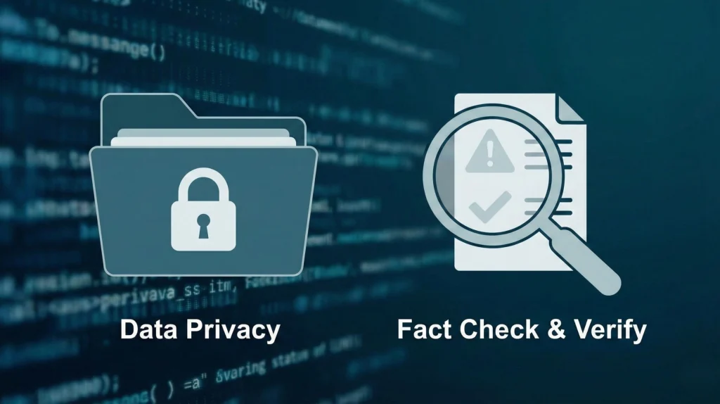 A conceptual illustration with icons for "Data Privacy" (padlocked folder) and "Fact Check & Verify" (magnifying glass on a document with a warning), highlighting ethical considerations when using AI study tools like NotebookLM.