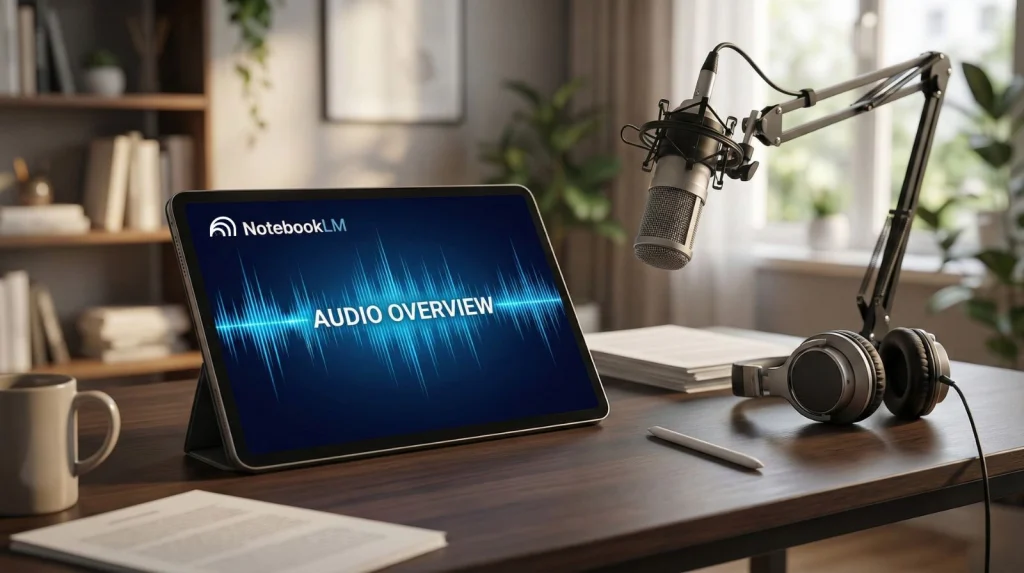 Google NotebookLM interface generating an audio overview from PDFs on a tablet