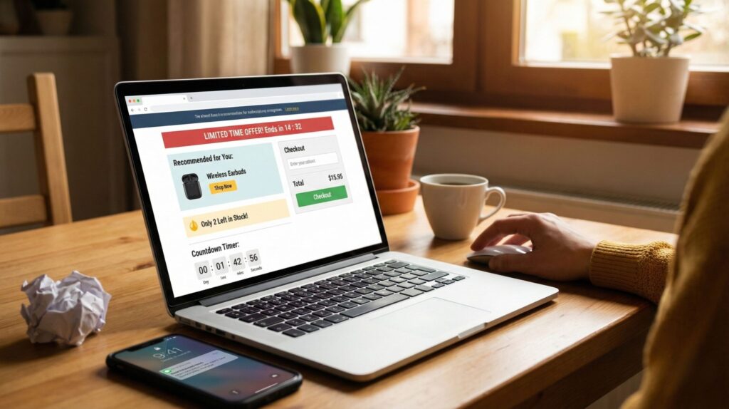 Visual example of How AI Recommends What You Buy Online using urgency banners and suggested products