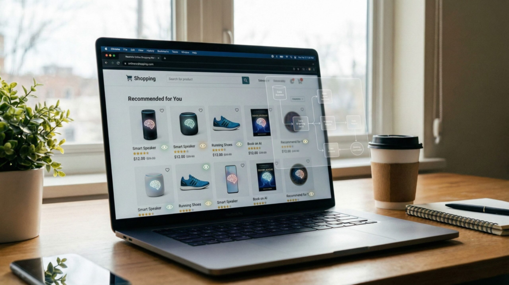 Realistic online shopping interface showing How AI Recommends What You Buy Online through product suggestions