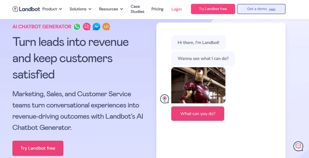 Landbot AI chatbot interface showing an automated conversation flow