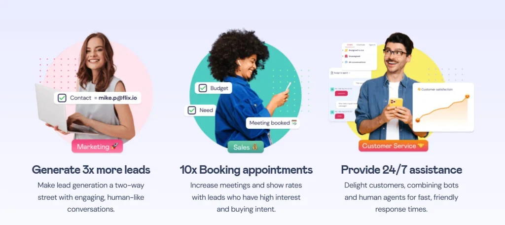 Landbot AI features showing lead generation, sales booking, and customer support automation