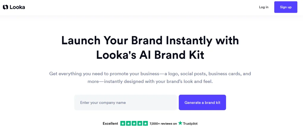 Looka AI review screenshot showing the Looka brand kit generator interface