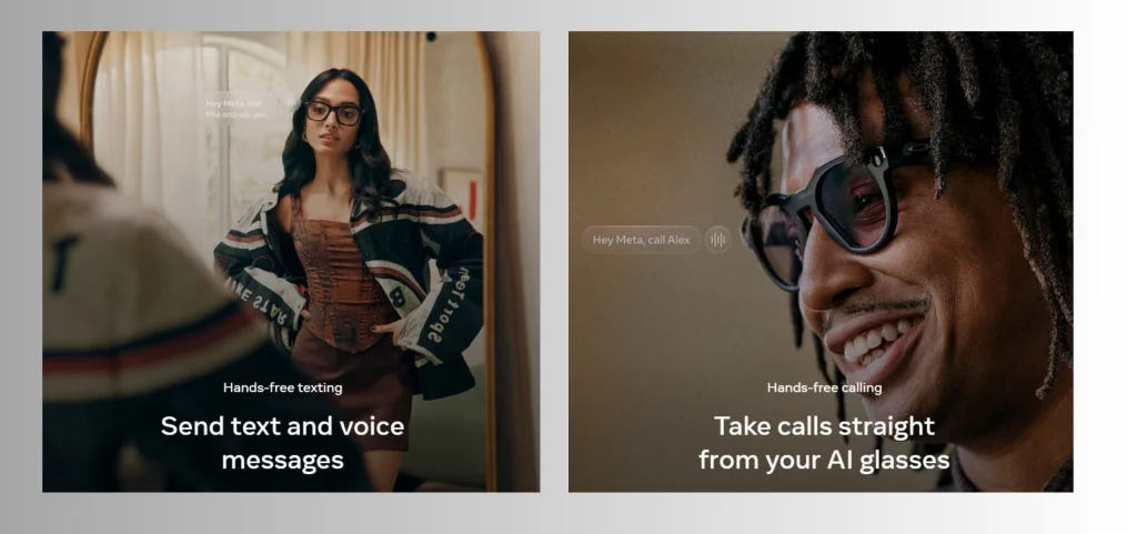 Users sending messages and taking calls with Meta Ray-Ban Display smart glasses, illustrating privacy considerations during the meta ray-ban display setup.
