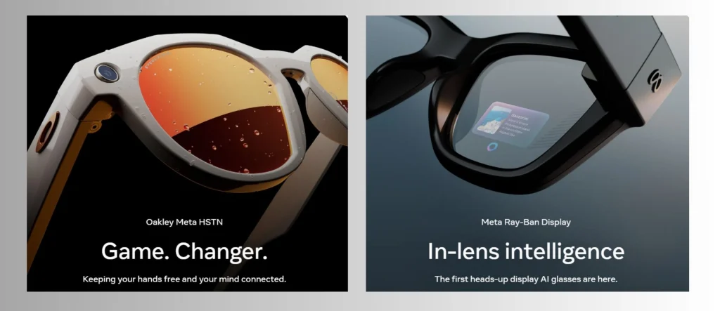 Comparison of Oakley Meta HSTN and Meta Ray-Ban Display smart glasses showing in-lens intelligence, used to illustrate common meta ray-ban display setup problems.