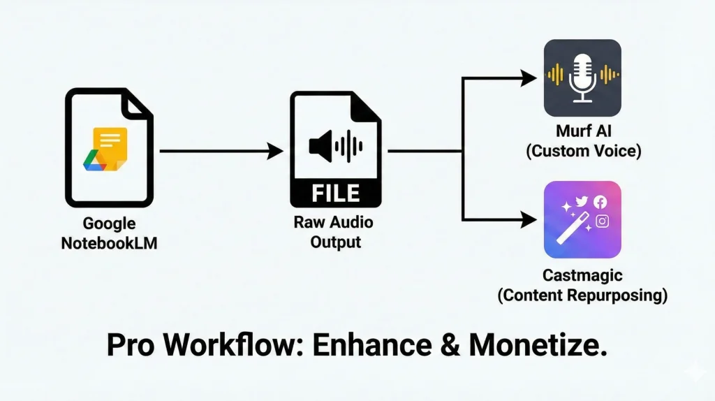 A flowchart diagram showing the professional AI podcast workflow: from Google NotebookLM raw audio to Murf AI for custom voices and Castmagic for content repurposing and monetization
