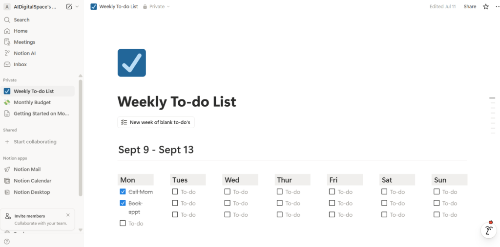 Notion AI dashboard structure with tasks notes and decisions