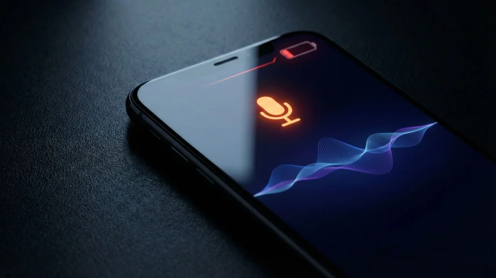 Phone screen showing microphone indicator and battery drain signals related to AI listening.