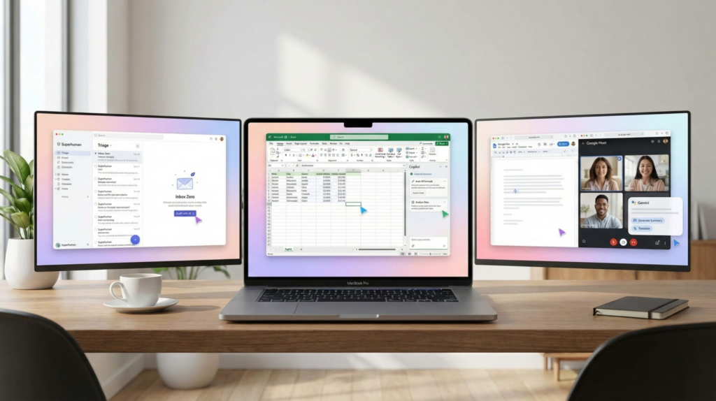 Realistic workspace comparing Superhuman vs Copilot vs Gemini AI work assistant 2025