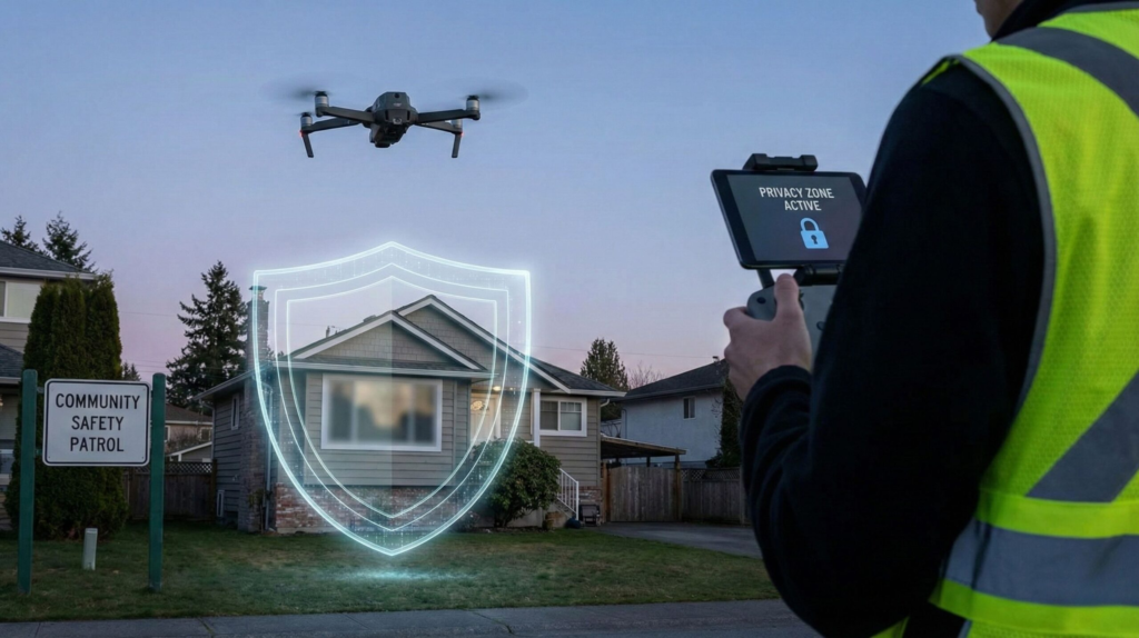 AI drones used for home security and neighborhood monitoring, highlighting privacy and safety considerations in 2026