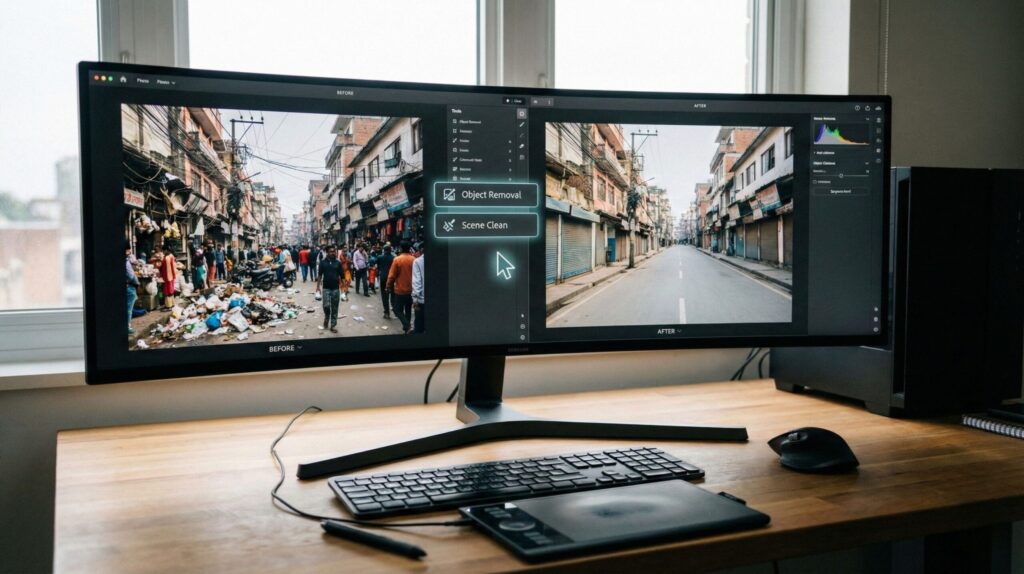 AI object remover tool deleting people and clutter from a photo