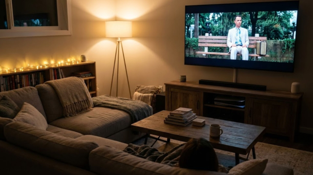 Watching a movie on an AI-powered smart TV at home