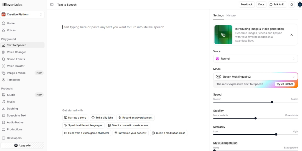ElevenLabs AI voice generation interface used for faceless videos