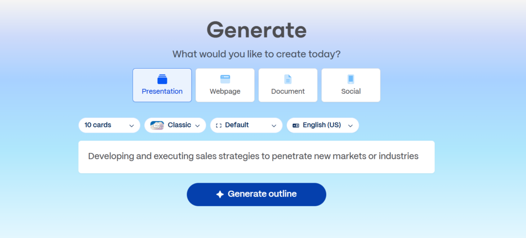 Gamma AI interface used for visual storytelling