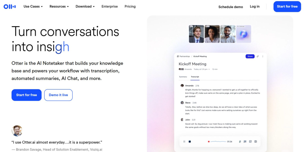 Otter AI dashboard showing meeting transcription and AI meeting notes