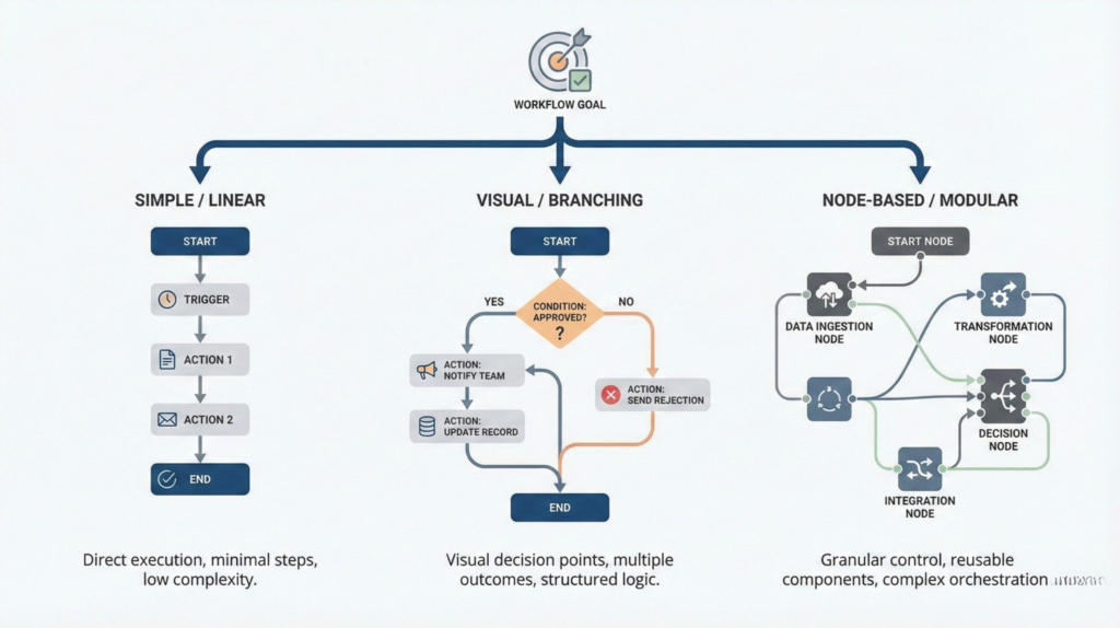 Workflow automation comparison showing simple, visual, and node-based approaches