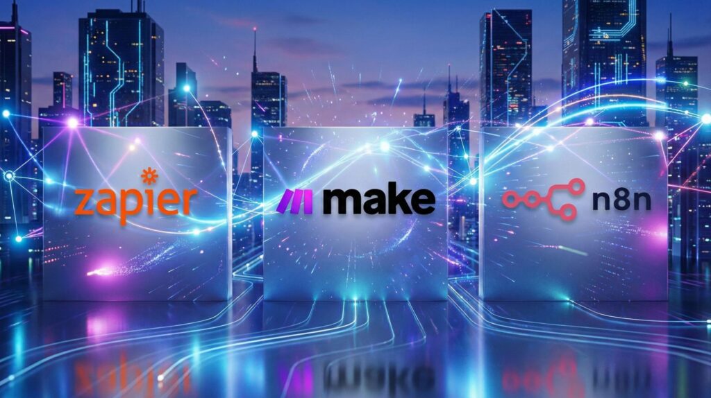 Zapier vs Make vs n8n comparison showing AI automation tools for team workflows