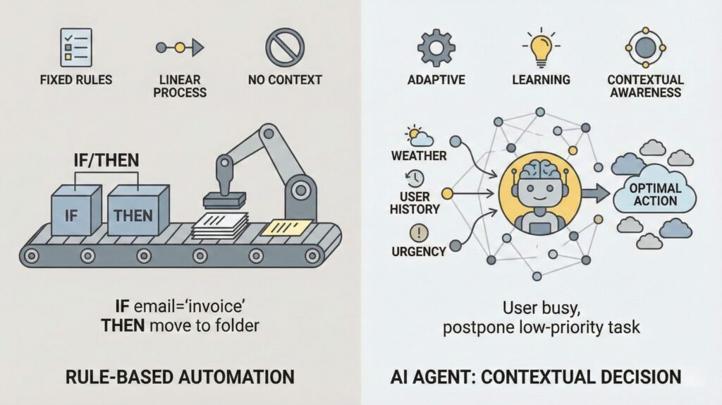 Difference between AI agents and automation tools explained visually