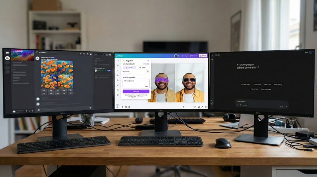 Side-by-side comparison of three AI image editor results using the same prompt
