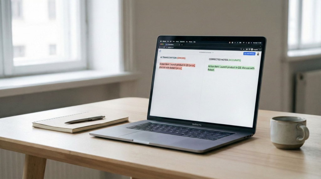 AI meeting notes showing transcription errors versus corrected accurate transcript
